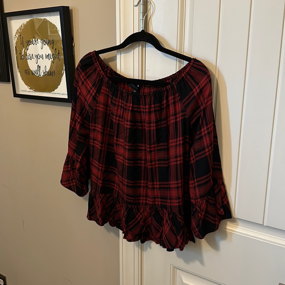 Red Plaid Off The Shoulder Peasant Top